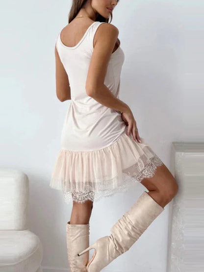 Lace Patchwork Slim Fit Vest Dress 2026 Spring Summer Sleeveless Hollowed Out Party Dress Simple Solid Color Holiday Short Dress