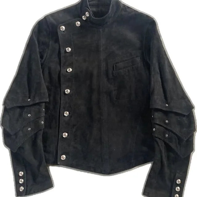 Jaqueta Masculina Preta Streetwear Harajuku Fashion Folgada Motoqueiro Gótico Punk Plissada Manga Longa Casaco Outono Inverno