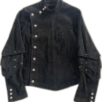Jaqueta Masculina Preta Streetwear Harajuku Fashion Folgada Motoqueiro Gótico Punk Plissada Manga Longa Casaco Outono Inverno
