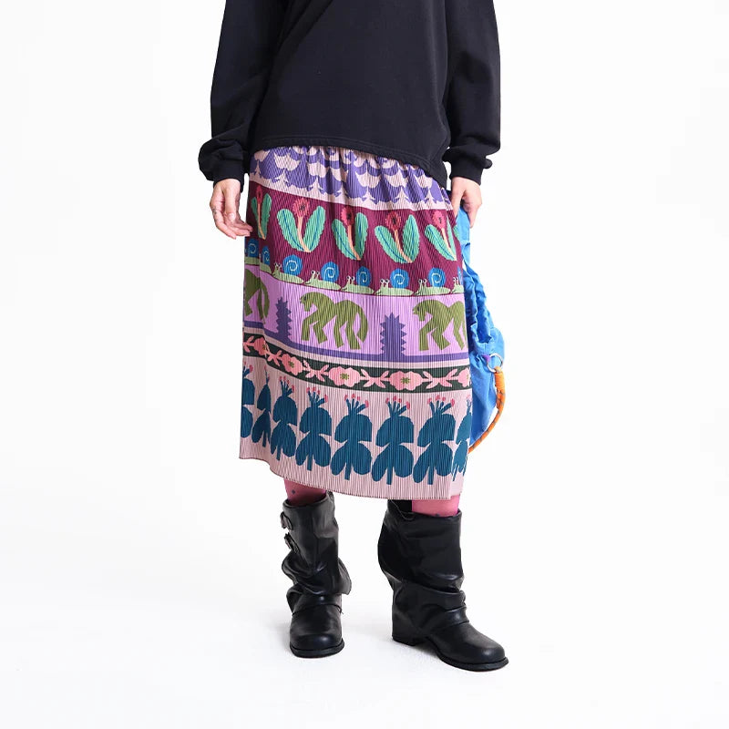A-line Skirt 2026 Spring New Elastic Waist Colorful Floral Print Pleated Commuter Retro Style Skirt For Women 3ELC20607