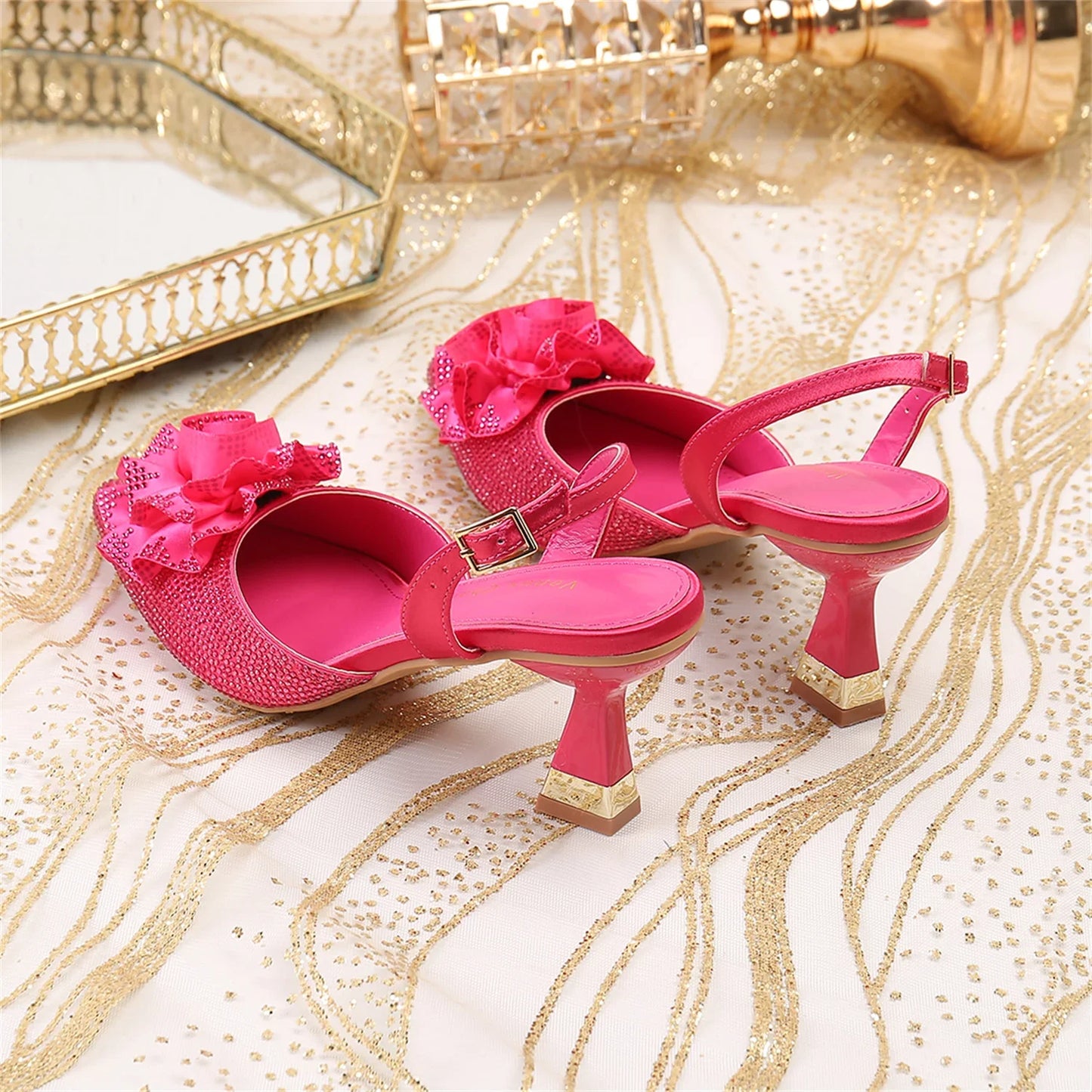 Elegant Fuchsia High-Heeled Women's Shoes with Water Diamond Accents - Stylish Pointed Toe Wedding and Party Pumps