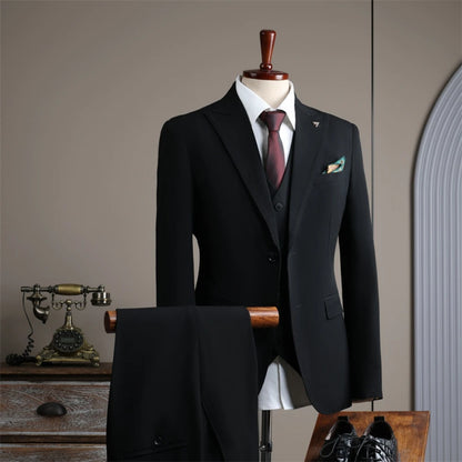 New Men's Slim Fit Business Suit Set 3 Pieces,Classic Graceful Solid Suits For Interview Office,Stylish Peak Lapel Men Tuxedo