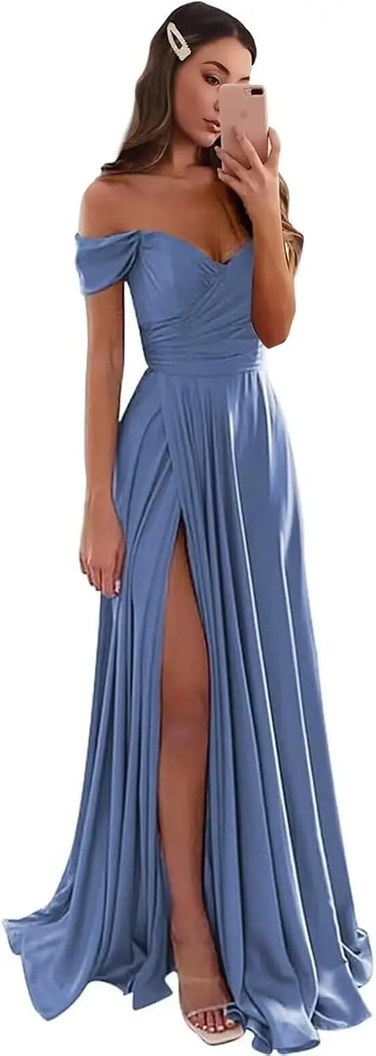 Women's Satin Prom Dresses Long Slit Formal Dresses Off Shoulder Evening Wedding Party Gowns Ruched Sweetheart Lace up Back