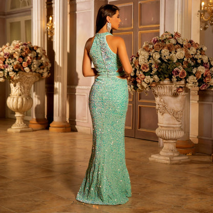 Sexy Sequined Evening Dress Hollow Out Sleeveless Bodycon Prom Ball Gown for Women