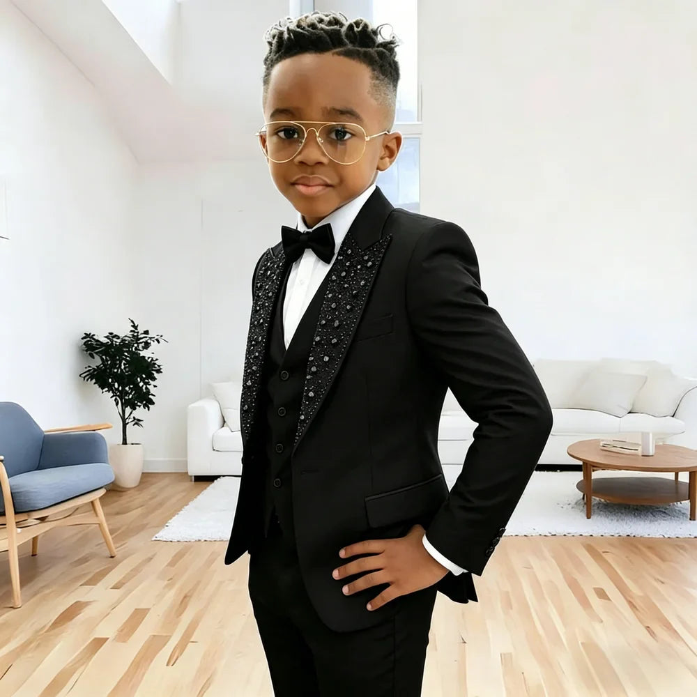 Black Beaded Crystals Suits For Boys 3 Pieces Sets Single Breasted Prom Blazer Sets Kids Formal Wedding Party Tuxedos