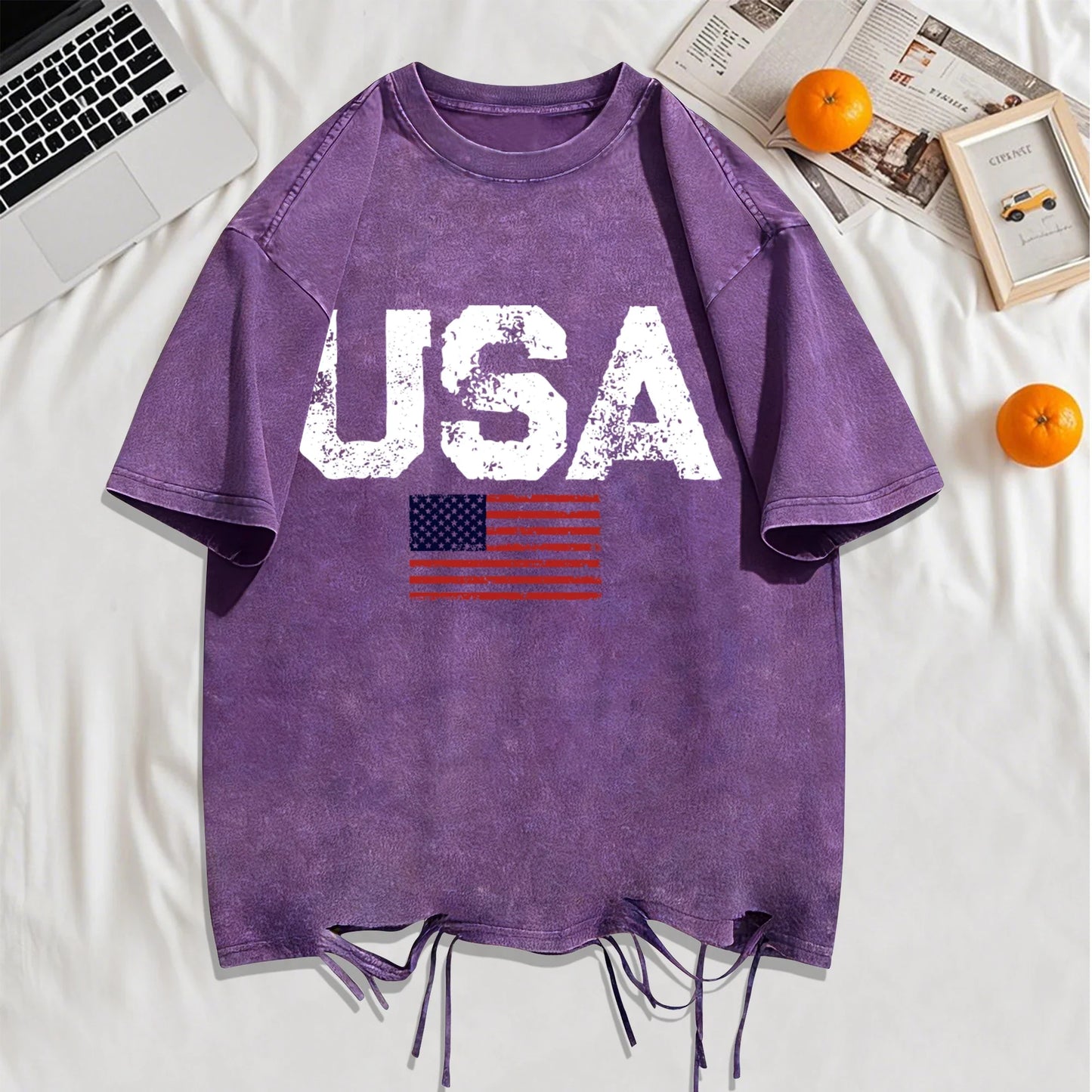 Usa Letter American Flag Printed Washed Holes T-Shirt Man Summer Cotton Loose Top O-Neck Creative Tee Unisex Vintage T Shirt