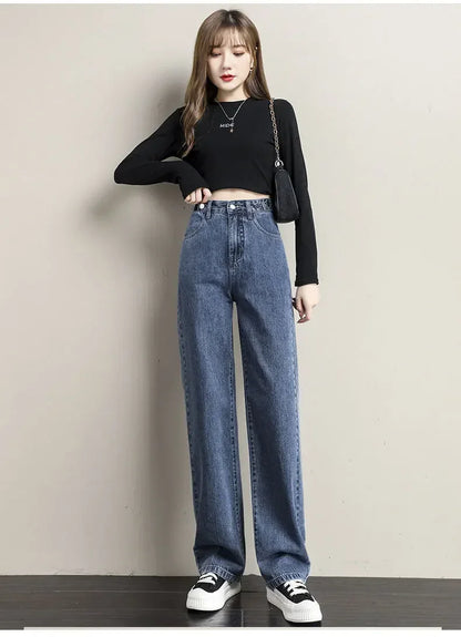 Loose Women Jeans High Waist Design Adjustable Straight Crotch Retro Style Trousers Cotton Fabric Comfortable Casual Style