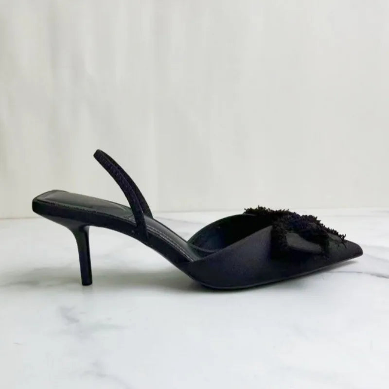 2025 Summer Women Slingback Shoes Black Bow Decoration Pointed Toe High Heels Formal Business Stiletto Female Party Sandals