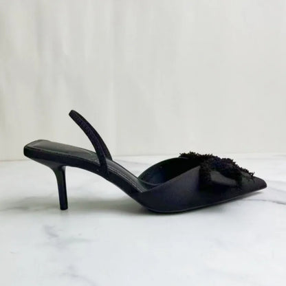 2025 Summer Women Slingback Shoes Black Bow Decoration Pointed Toe High Heels Formal Business Stiletto Female Party Sandals