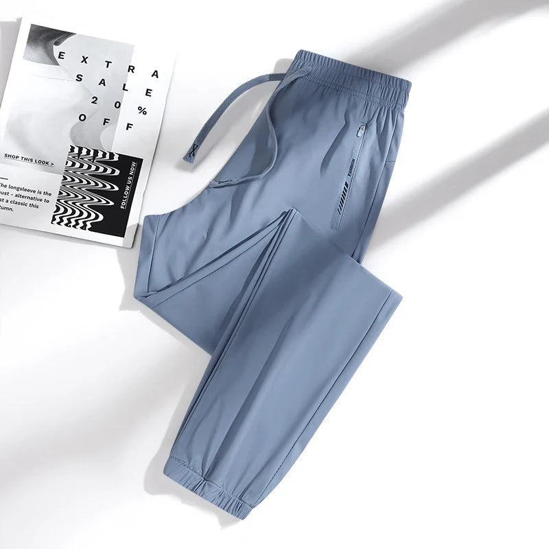 New High Quality Ice Silk Men's Women's Pants Summer Thin Loose Quick Drying Breathable Sports Straight Leg Tie Casual Pants