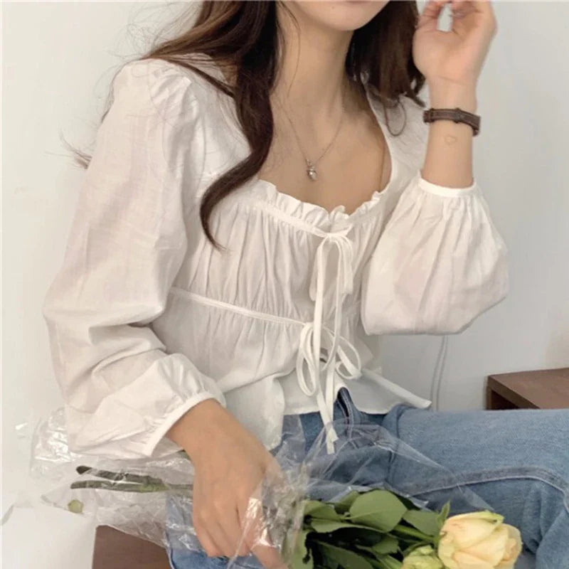 Fashoin New Vintage Loose White Blouse Women Casual Long Sleeve Ruffled Shirt Tops Fashion Square Collar Solid Lady Shirts 11700