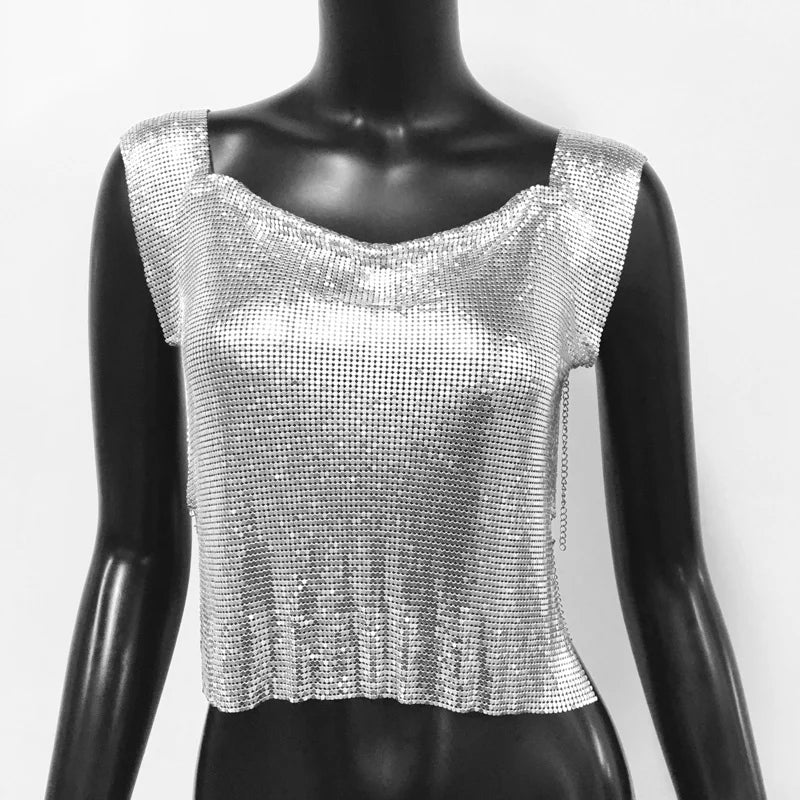 Women Metal Sequins Crop Tops Sexy Hollow Out Sleeveless Backless Y2k Tank Tops Nightclub Party Rave Festival Camisole 2023 New