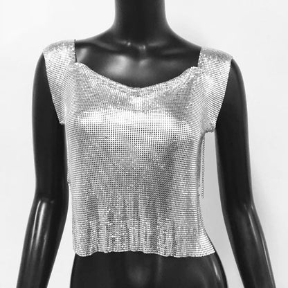 Women Metal Sequins Crop Tops Sexy Hollow Out Sleeveless Backless Y2k Tank Tops Nightclub Party Rave Festival Camisole 2023 New
