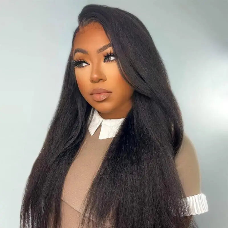 250% Density Human Hair Wig Kinky Straight Yaki Texture Pre Plucked 13x4 and 5x5 Glueless HD Lace Front Designed for Black Women