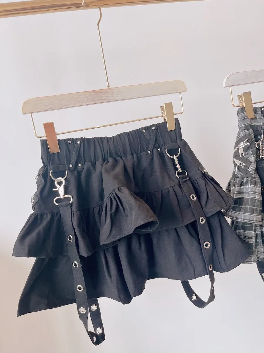 Japanese Style Mine Harajuku Punk Metal Buckle with Packet Decorative Ruffled Short Skirt Sweet Cool Girl Women's Plaid Skirt