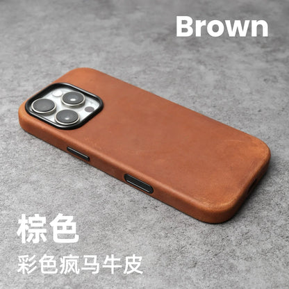 Genuine Leather Case for iPhone 17 16 15 Pro Max Magnetic PULL-UP Cowhide Phone Cover