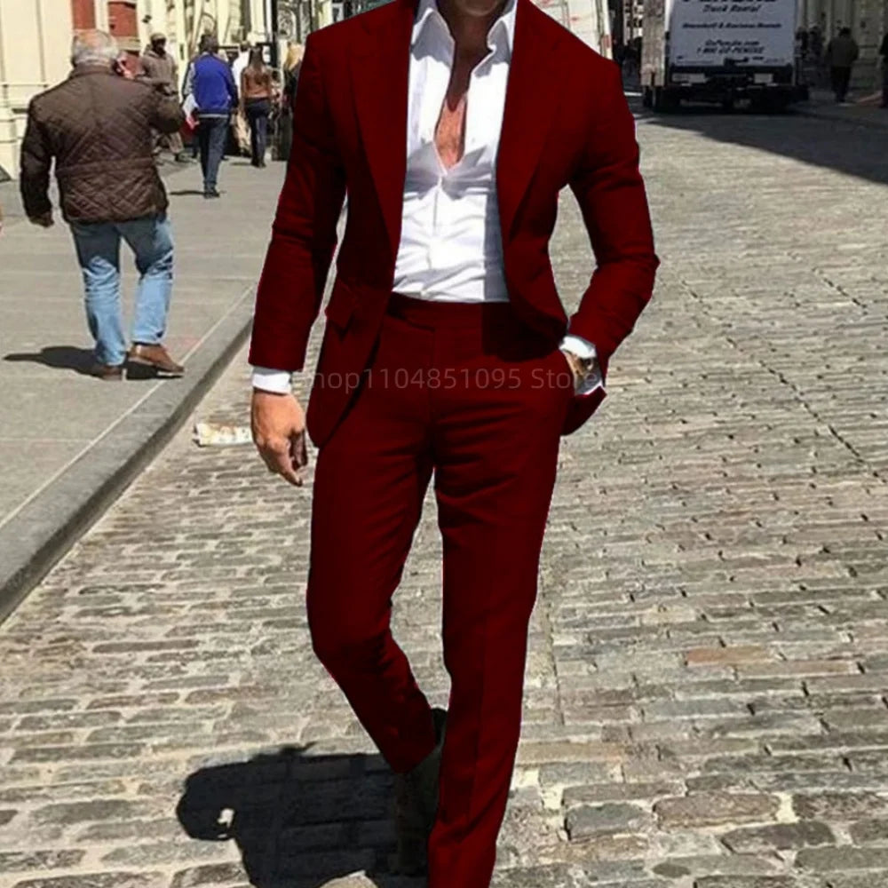Classic Slim Fit Men's Business Suit Notch Lapel 2-Piece Blazer And Pants Set for Wedding Prom Groomsmen Elegant Formal Wear