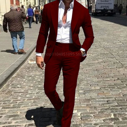 Classic Slim Fit Men's Business Suit Notch Lapel 2-Piece Blazer And Pants Set for Wedding Prom Groomsmen Elegant Formal Wear