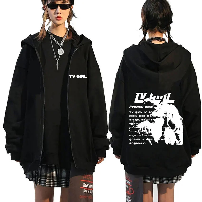 TV Girl Who Really Cares Graphic Print Zipper Hoodie Men Women Fashion Casual Oversized Zip Up Jacket Male Fleece Sweatshirts