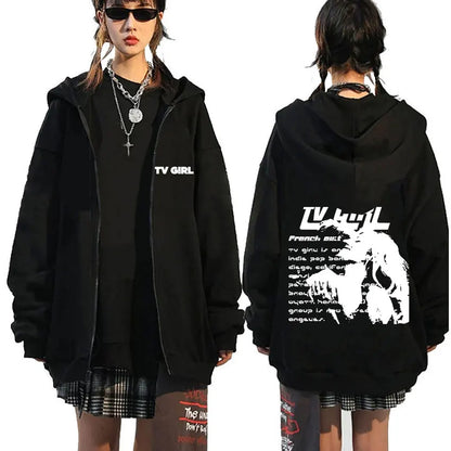 TV Girl Who Really Cares Graphic Print Zipper Hoodie Men Women Fashion Casual Oversized Zip Up Jacket Male Fleece Sweatshirts