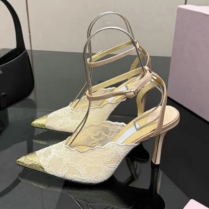 Fashion Lace Sequin Hollow Out Mesh Women Pumps Sexy Pointed Toe Designer Low Heels Slingback Sandals Ladies Shoes