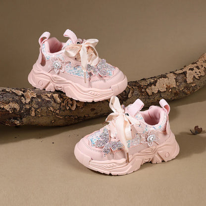 Children Shoes 2025 New Spring Toddler Girls Sport Shoes Bling Bling Soft Sole Breathable Outdoor Tennis Fashion Kids Sneakers