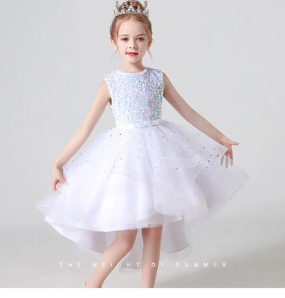 Summer Sequin Lace Tuxedo Wedding Dress for girls 3-13 years old Sleeveless fluffy Mesh gauze Doveark brand