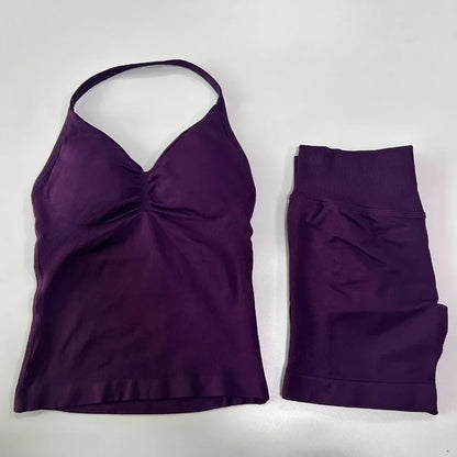 No Logo 2 Pieces Sports Set Workout Clothes Shorts Sets Gym Strappy Top Scrunch Shorts Yoga Clothing Gym Set