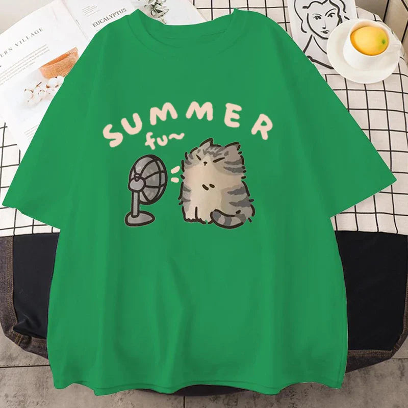 Korean Version Retro Minimalist Cat Printed Summer T-shirt Casual Loose Couple Thin Short Sleeves Women Men T Shirts