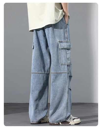Large Pocket Baggy Solid Jeans Men's 2026 New Spring Classic Straight Denim Trousers Street Y2K Elastic Waist Casual Cargo Pants