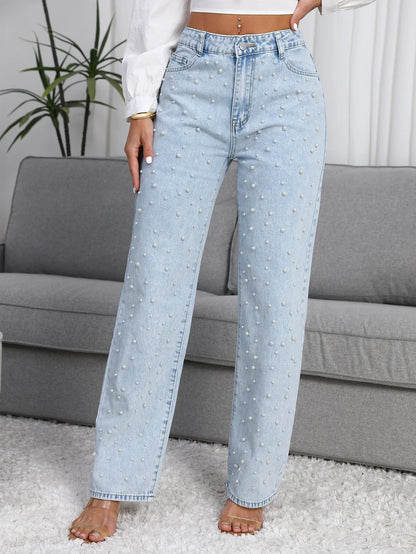 Women Straight-Leg Denim Jeans with Fashion Faux Pearl Detail
