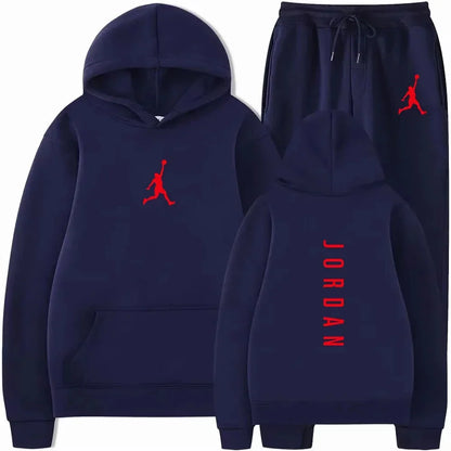 Men's pullovers for autumn and winter, solid-color hoodie + stretch waist jogging pants two-piece set, fashionable outdoor casua