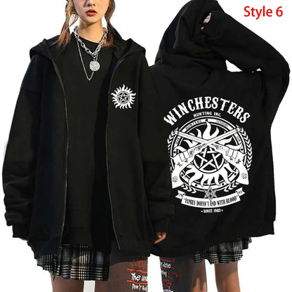 Fashion Unisex Autumn Winter Coat Supernatural Print Zipper Hoodie Casual Long Sleeve Tops Women Men Harajuku Zipper Sweatshirt