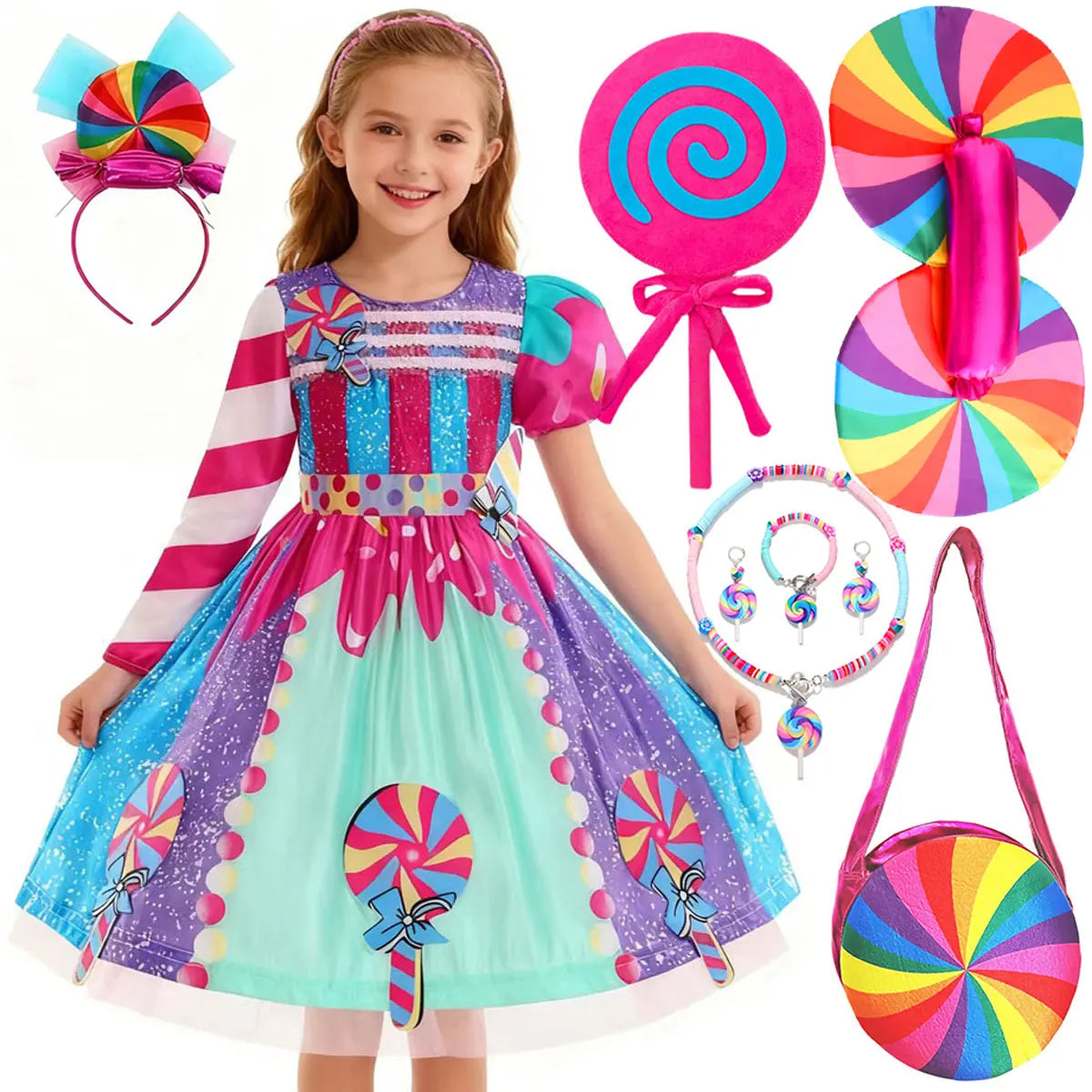 Presente Clássico para Festa de Carnaval de Purim para Meninas Vestido Arco-Íris Assimétrico Longo e Curto com Manga Doce Conjunto de Vestidos Fofos para Férias de Natal