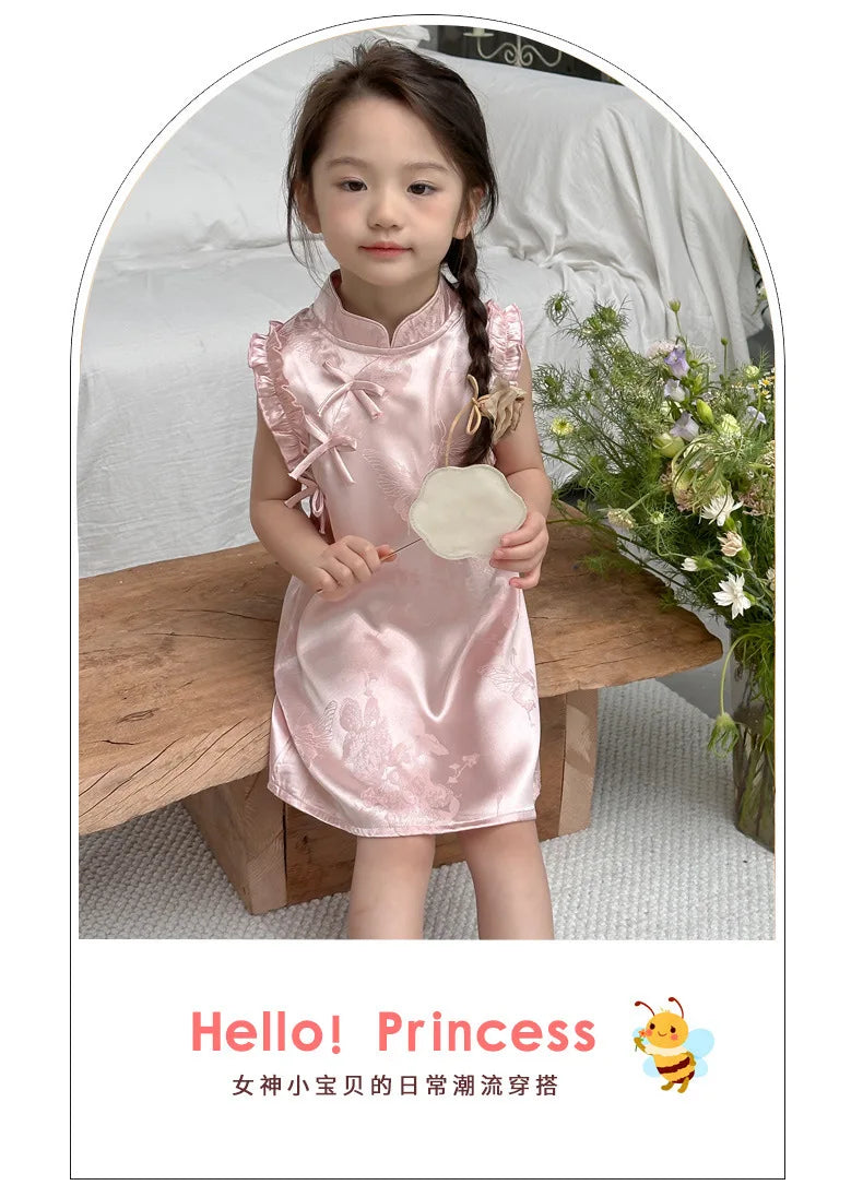 Vestido de princesa rosa estilo chinês retrô Qipao sem mangas para meninas de 2 a 10 anos Vestido 2026 Novo verão Roupas para o Dia das Crianças 6.1