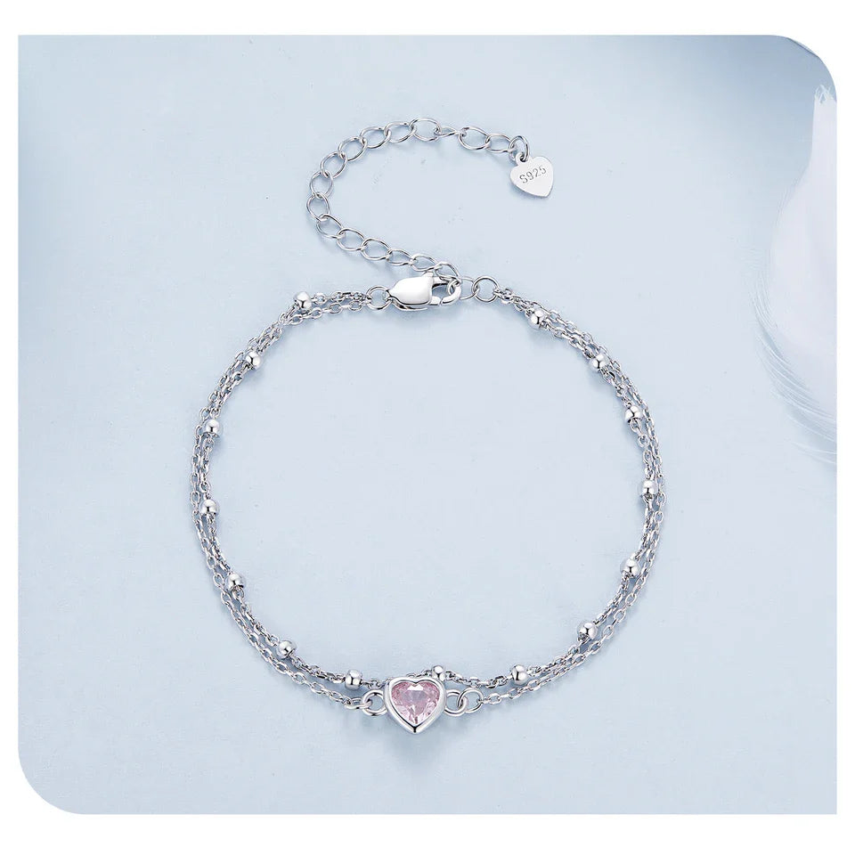 925 Sterling Silver Double Layer Bracelet Pink Heart Adjustable Round Beads Chain Link for Women Valentine's Day Gift