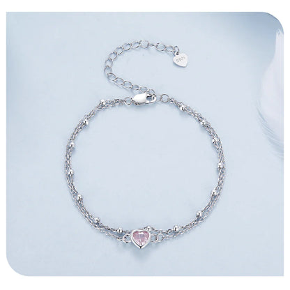 925 Sterling Silver Double Layer Bracelet Pink Heart Adjustable Round Beads Chain Link for Women Valentine's Day Gift