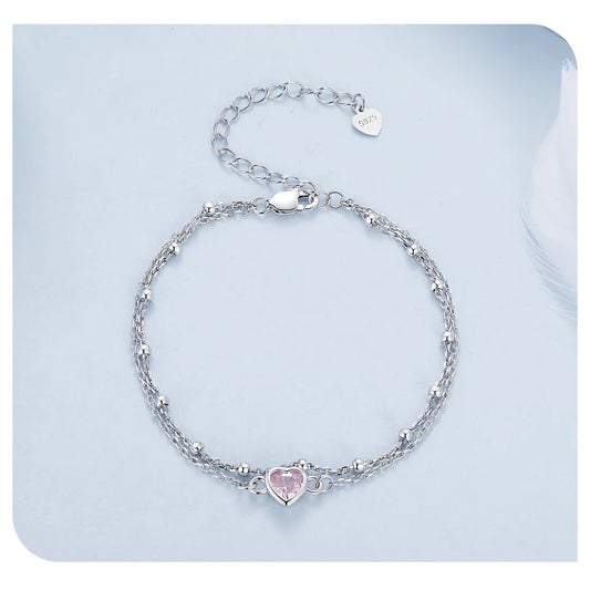 925 Sterling Silver Double Layer Bracelet Pink Heart Adjustable Round Beads Chain Link for Women Valentine's Day Gift