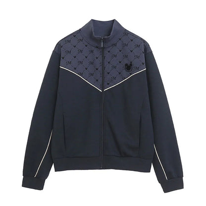 Embroidery Zip Up Sweatshirt Women Casual Stand Collar Bomber Jacket Patchwork Contrast Color Jumper Outwear Top