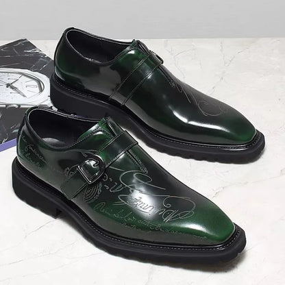 High-end Square-toe Slip-on Buckle Strap Leather Shoes Men Italian Formal Shoes Laser Engraved Letters Design Wedding Shoes Man