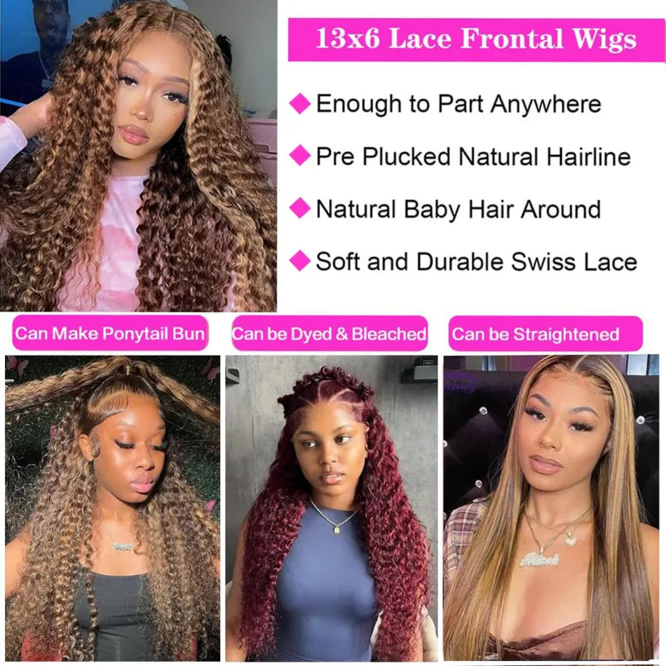 30 Inch Curly Highlight Ombre Lace Front Wig Human Hair Wigs Colored Deep Wave 13X6 Hd Lace Frontal Wig Pre Plucked 250 Density