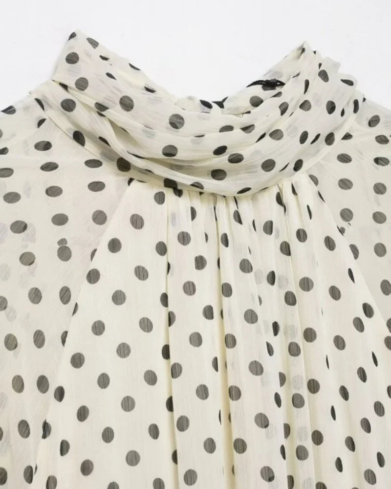 Elegant Women Polka Dot Blouse, Spring Bow Tie Lantern Sleeve Layered Neck Chiffon Shirt, Casual Daily Office Top