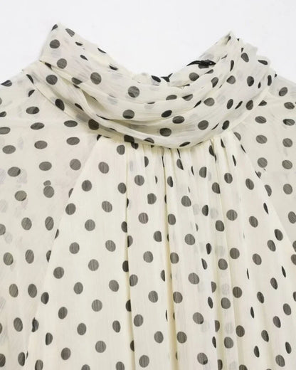Elegant Women Polka Dot Blouse, Spring Bow Tie Lantern Sleeve Layered Neck Chiffon Shirt, Casual Daily Office Top