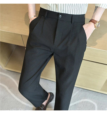 Men's Old Money Style Linen-Cotton Pleated Dress Pants – Lightweight, Semi-Elastic Waist & Wrinkle-Free for Summer