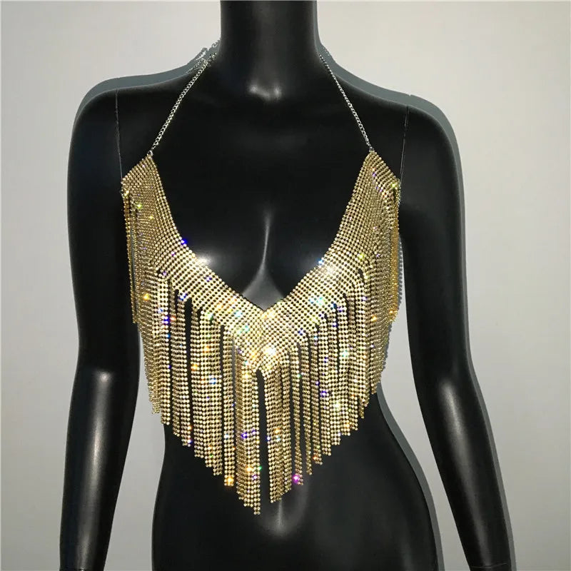 Bling Rhinestones Tassel Party Crop Top Woman Fashion Halter Neck Backless Design Full Diamond Sequins Nightclub Clubwear
