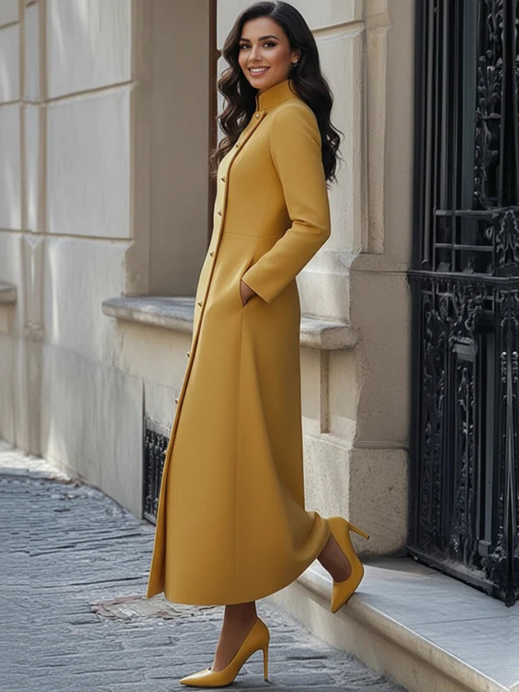 Freeacy Women's Yellow Mandarin Collar Diagonal Long Sleeve Buttoned Maxi Dress for Wedding Guest 2026 Luxury Office Dress