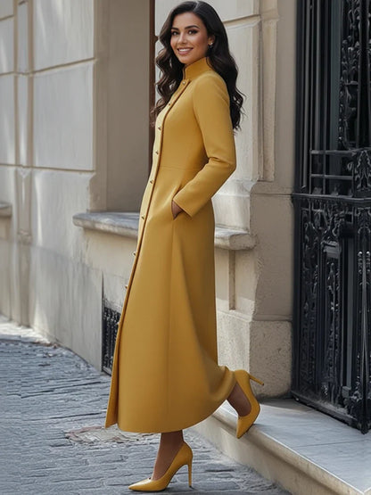 Freeacy Women's Yellow Mandarin Collar Diagonal Long Sleeve Buttoned Maxi Dress for Wedding Guest 2026 Luxury Office Dress