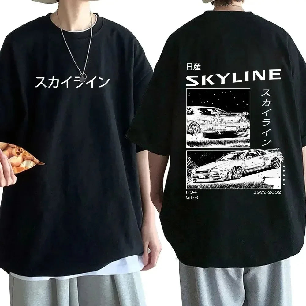 Anime Drift AE86 Initial D Double Sided T Shirt O-Neck Short Sleeves Summer Casual Unisex R34 Skyline GTR JDM Manga T-Shirts