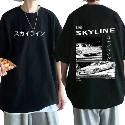 Anime Drift AE86 Initial D Double Sided T Shirt O-Neck Short Sleeves Summer Casual Unisex R34 Skyline GTR JDM Manga T-Shirts