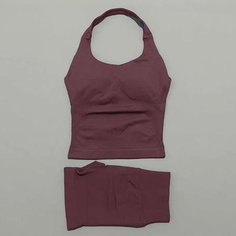 Women Seamless Gym Set 2Pcs Halter Neck Sports Crop Top High Waist Scrunch Butt Shorts Workout Fitness Yoga Tracksuit Sportswear